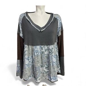 POL Patchwork V-Neck Long Sleeve Top - Gray, Blue, Brown, size M